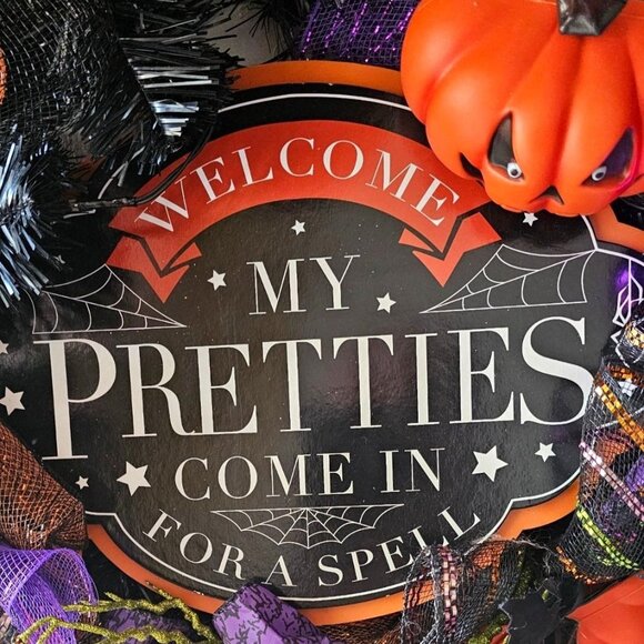 Halloween Wreath Witch Hat Door Decor Light Up Purple Pumpkins Spooky Handmade - Picture 6 of 9